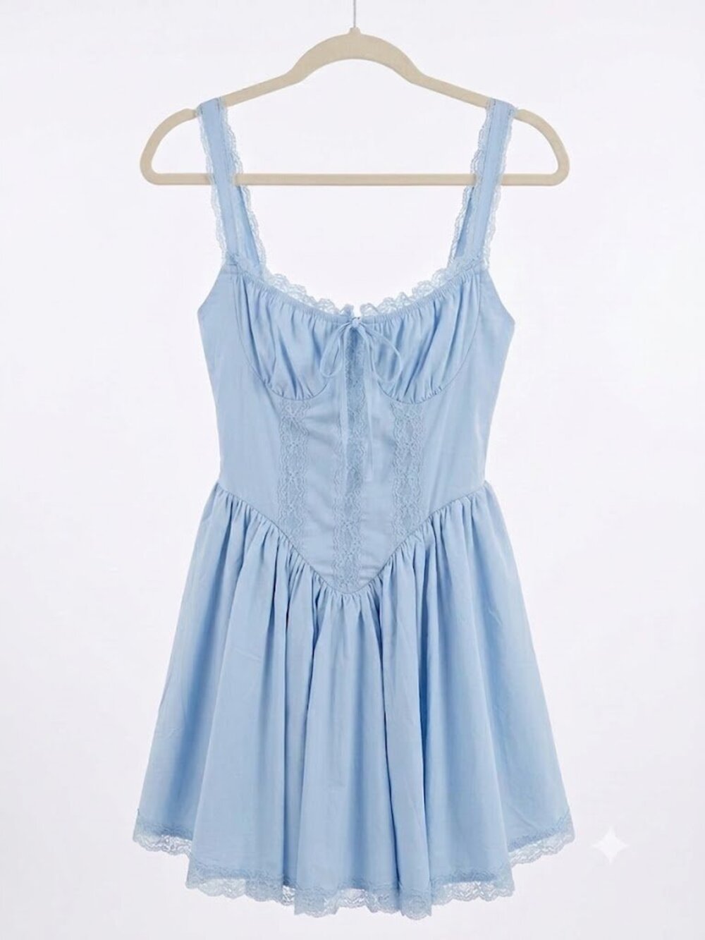 PARTHEA Square Neck Tie-Up Lace Patchwork Ruffle Fitted Dress Blue